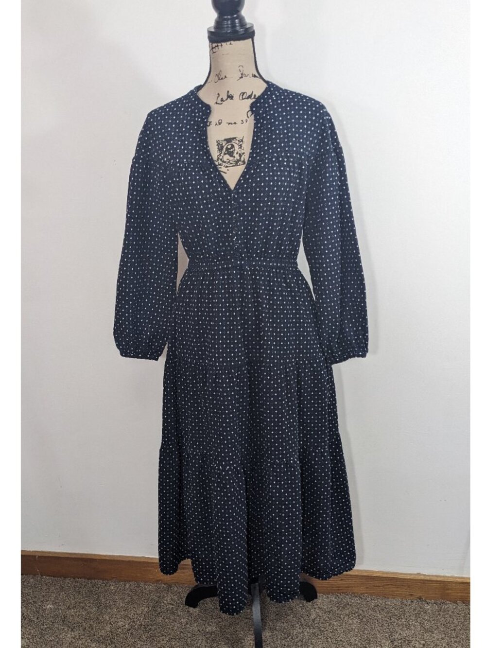 Madewell Dobby Navy Blue White Long Sleeve Peasant Tiered Midi Dress M NI689